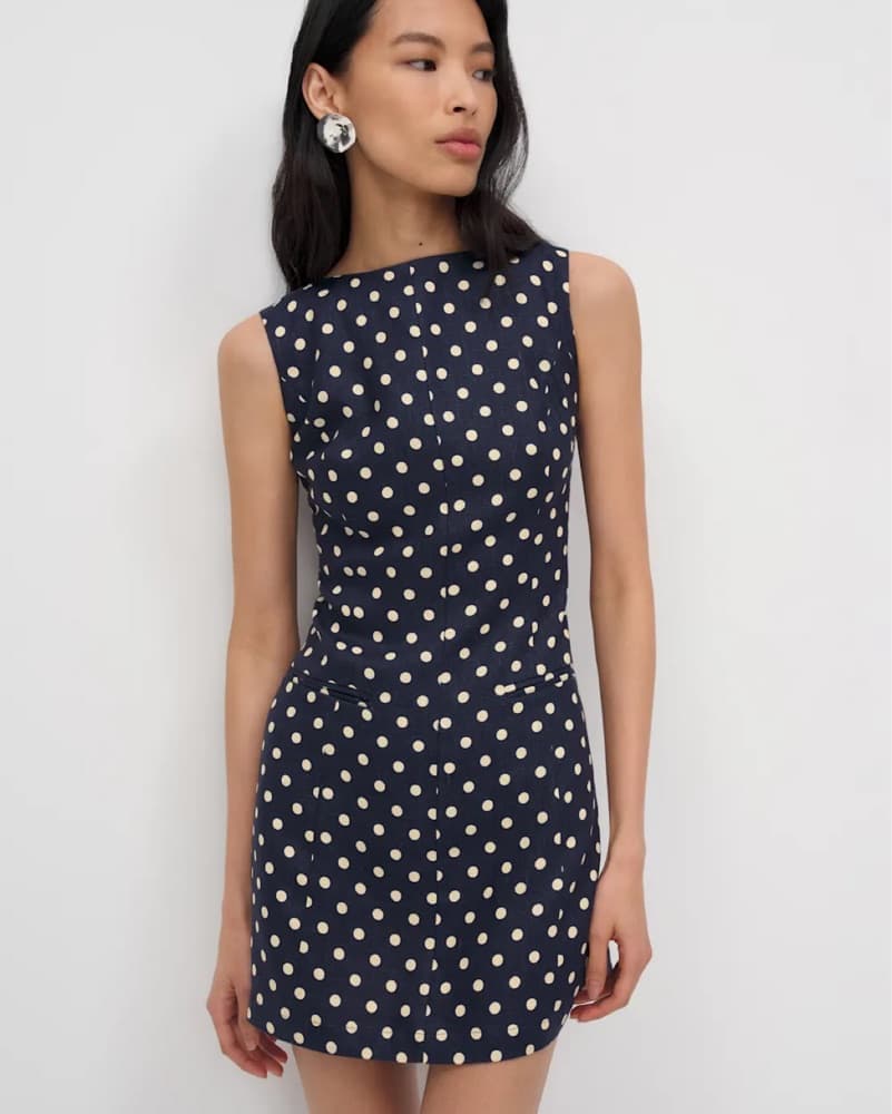Polka Dot Navy Blue Linen Mini Dress - Image 2