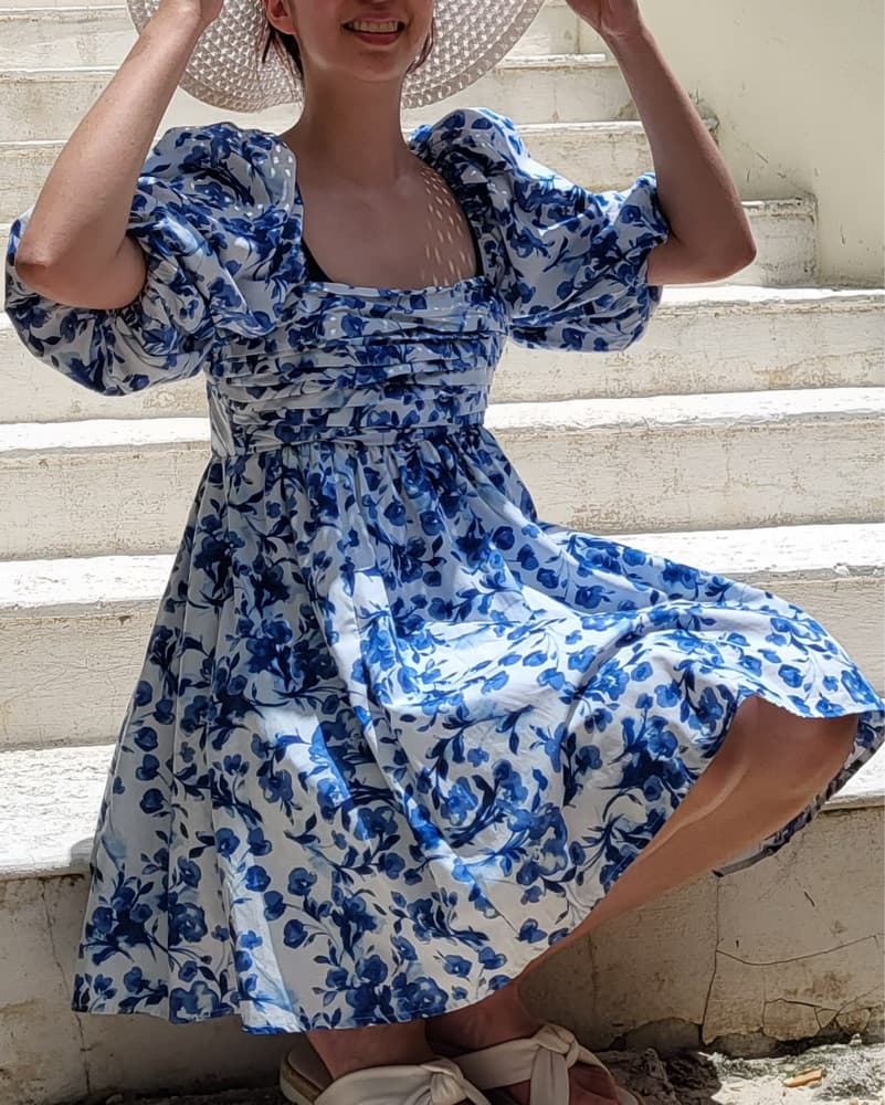 Blue Floral Puff Sleeve Mini Dress - Image 4