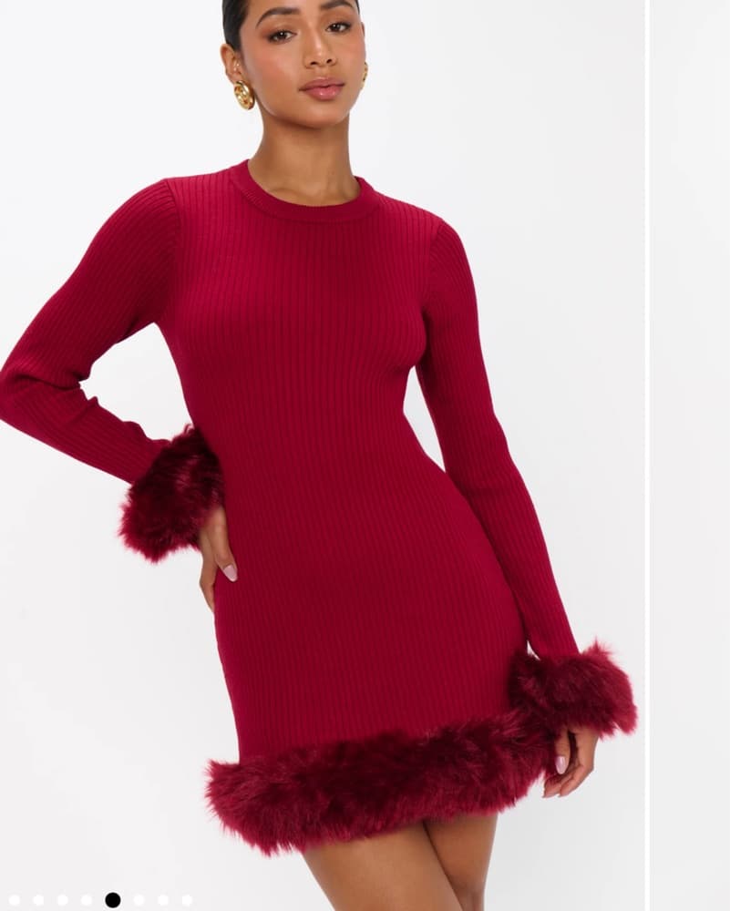 Red Faux Fur-Trimmed Sweater Dress - Image 2