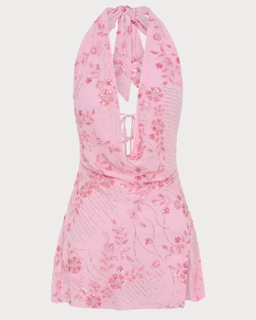 Alluring Pink Beaded Halter Dress - Image 5