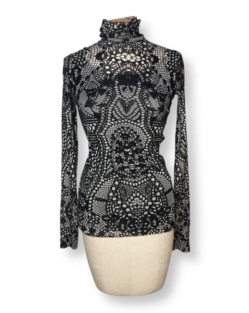 Intricate Black Lace Mesh Turtleneck - Image 1