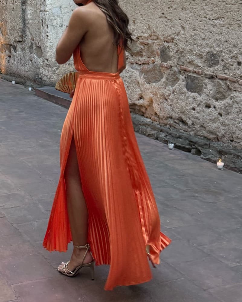 Pleated Orange Maxi Dress - Image 2