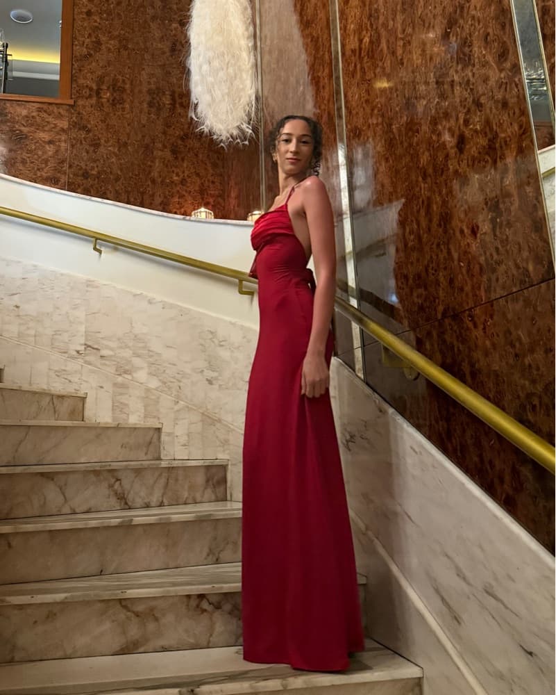 Red Halter Neck Cinched Waist Maxi Dress - Image 3