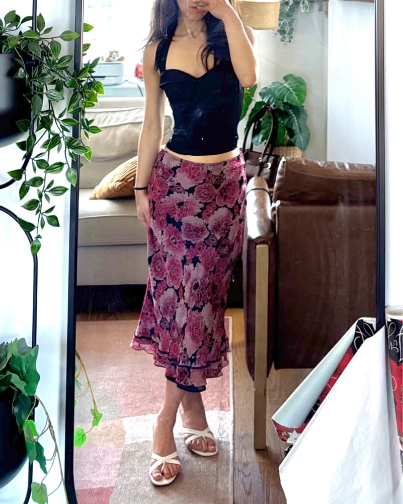 Vintage Pink Floral Silk Midi Skirt - Image 1