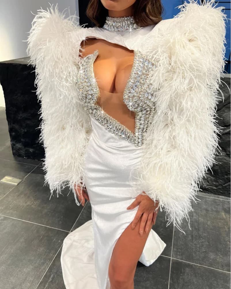 HIGH NECK WHITE DRESS WITH FEATHERED SLE - Image 3