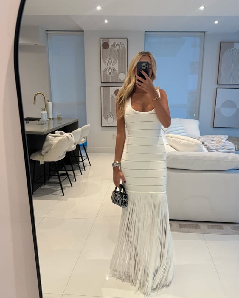 Herve Leger White Fringe Dress - Image 4
