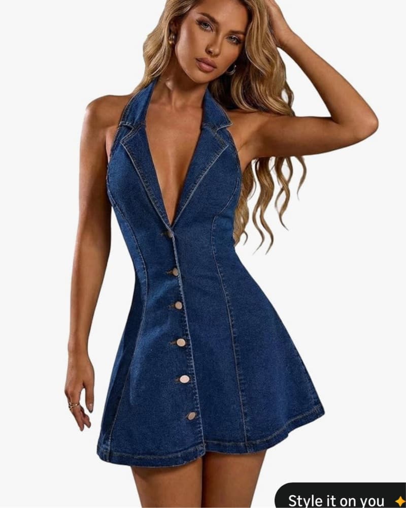 Amazon Women's V Neck Halter Denim Dress - Image 1