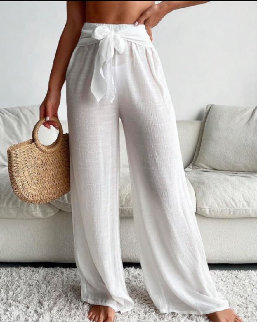 Tie Front Wide Leg Cover Up Pants White - Image 1