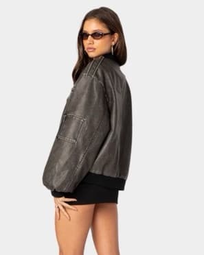 Grey Leather Bomber Jacket - Image 3