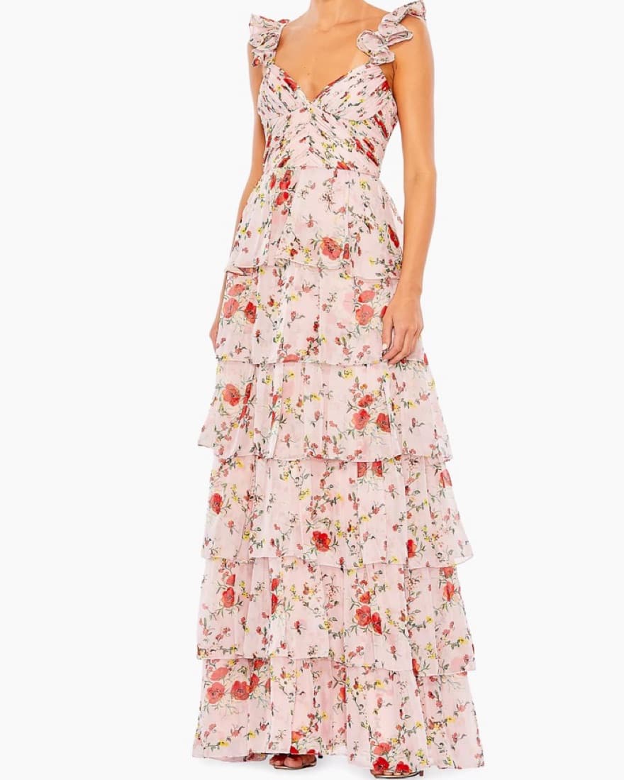 Mac Duggal Pink Foral Tiered Gown - Image 1