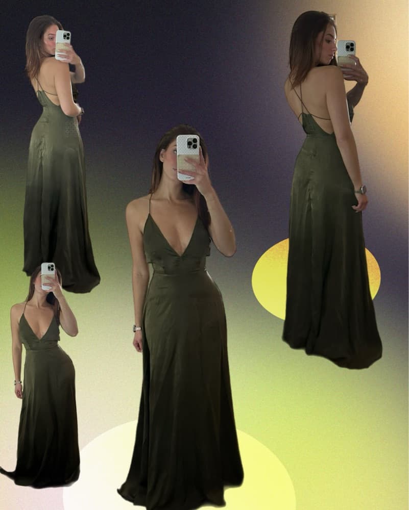Olive Green Satin Gown Open Back - Image 2