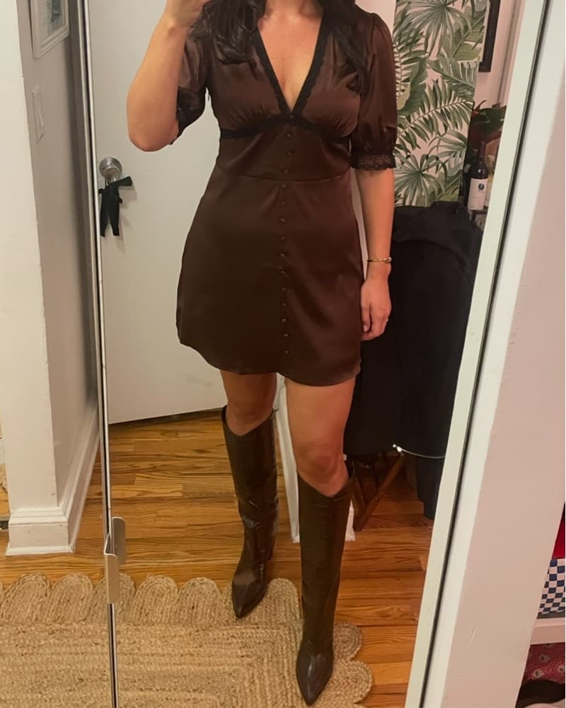 Satin Coffee Midi Dress with Lace Trim - Image 4