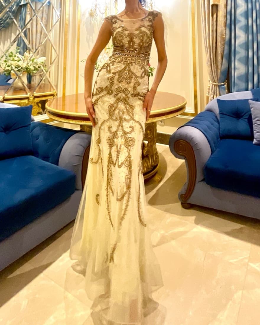 Elegant Embellished Lace Gold Gown - Image 5