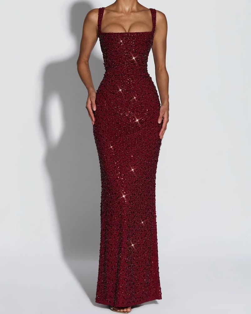 CALANTHE MAXI DRESS - BURGUNDY SPARKLE  - Image 3