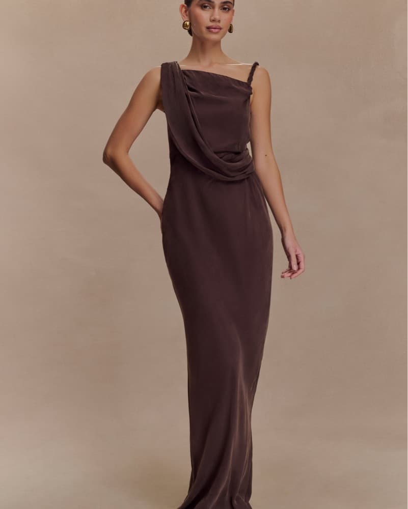 Elegant Draped Chocolate Brown Dress - Image 4