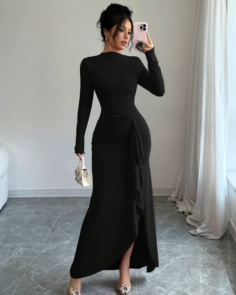 Black Ruched Midi Dress - Image 1
