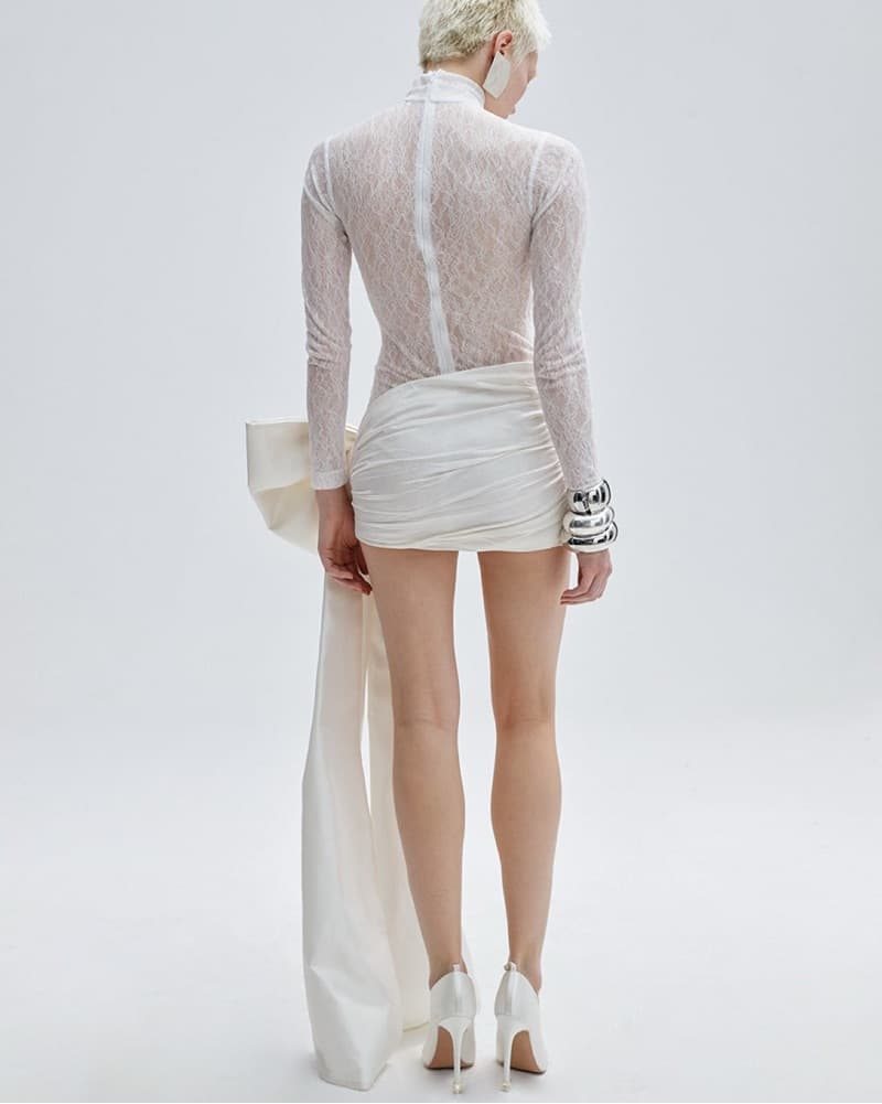 Sheer Lace Mini Dress With Ellegant Bow - Image 3