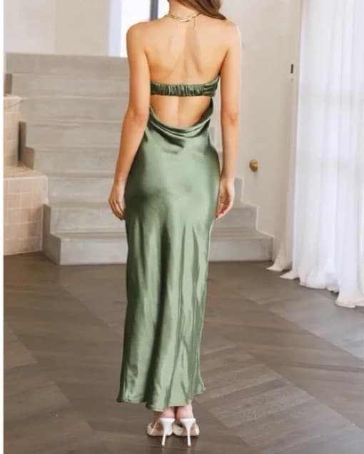 Elegant Satin Dark Green Dress - Image 2