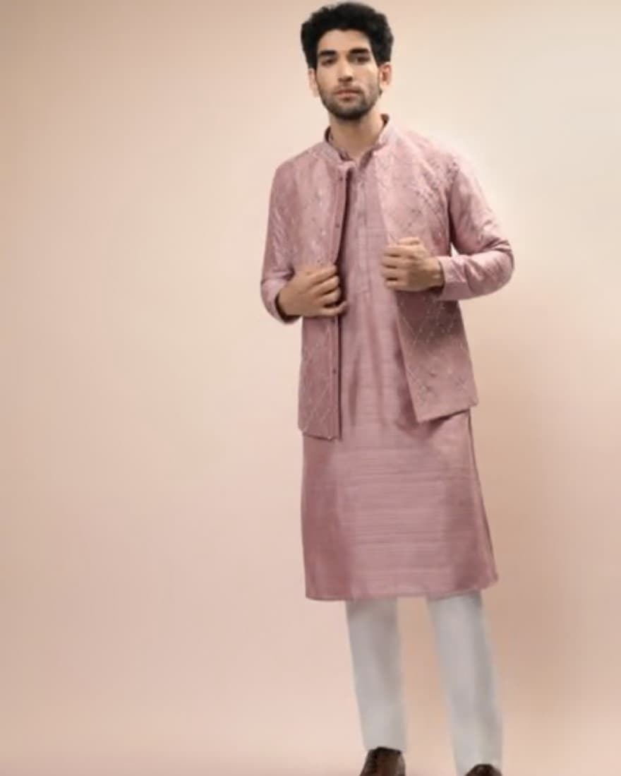 Mens Pink Nehru Jacket & Kurta Set  - Image 2