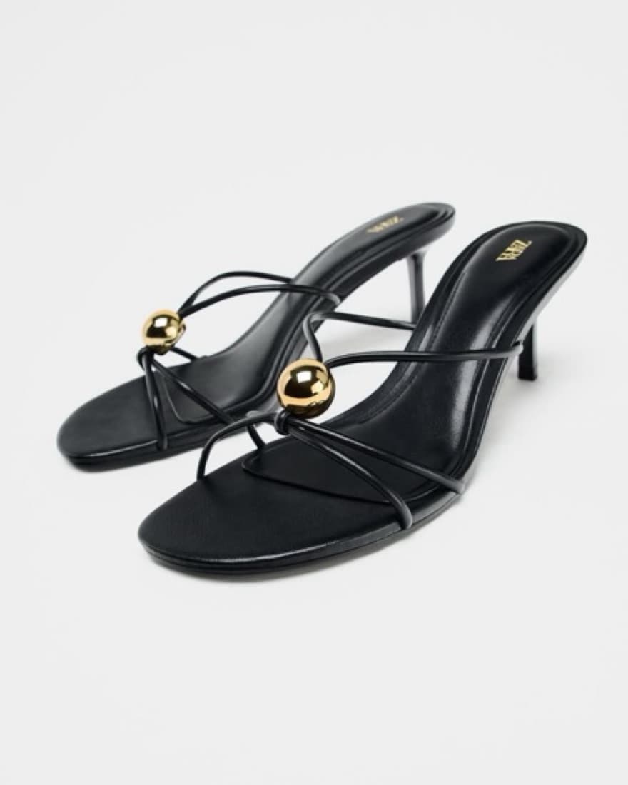 Zara Black Sandal Heels Gold Detail - Image 3