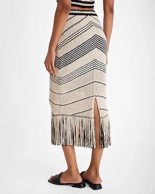 Express Knit Fringe Skirt- Beige & Black - Image 4
