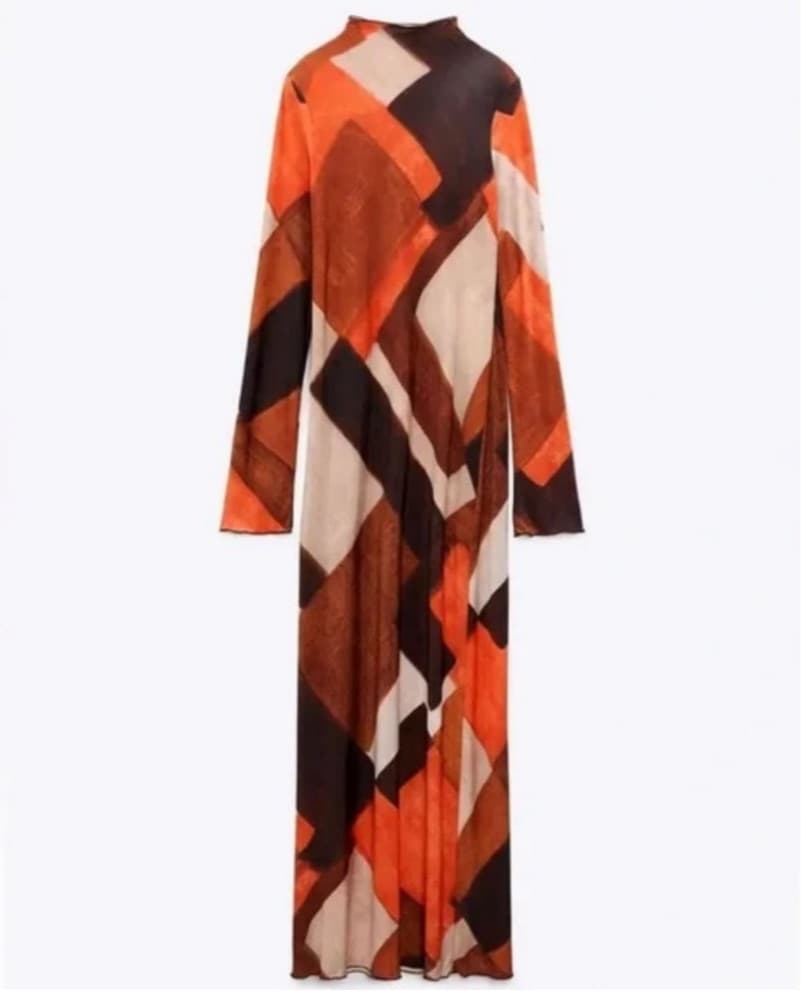 Orange And Brown Long Sleeve Dress - Image 3