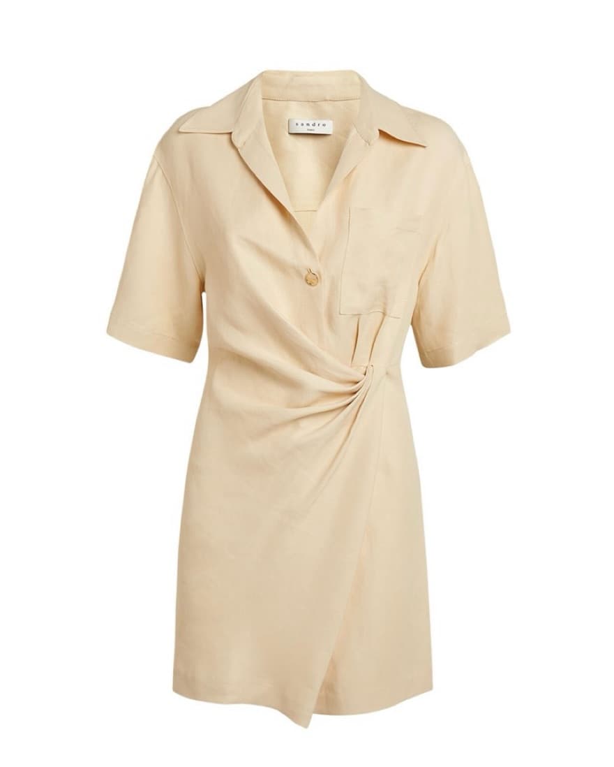 White Sandro Draped Twill Linen Dress - Image 2