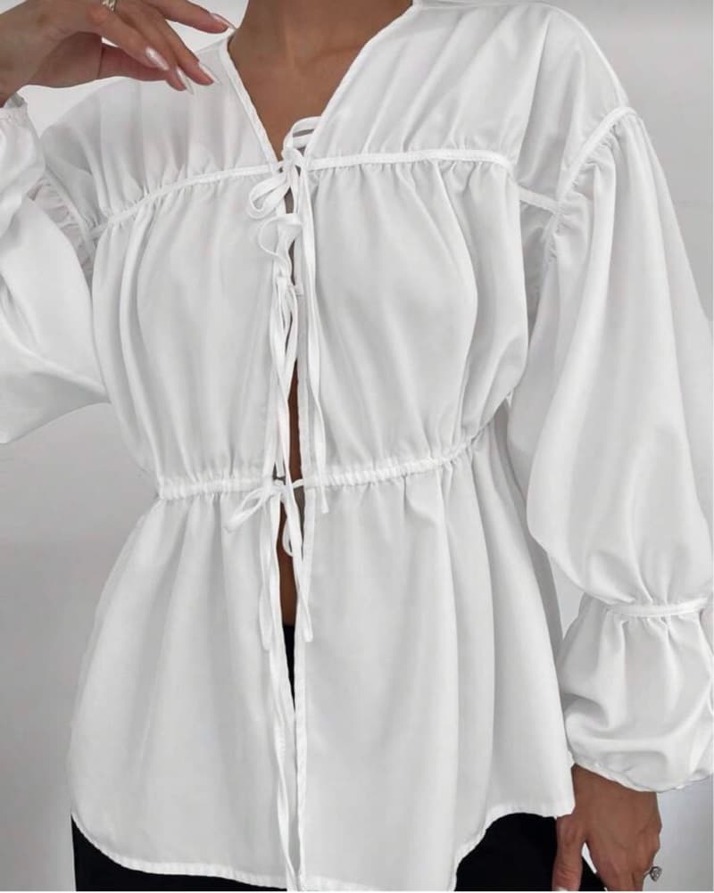 White Tie-Front Pleated Blouse  - Image 2