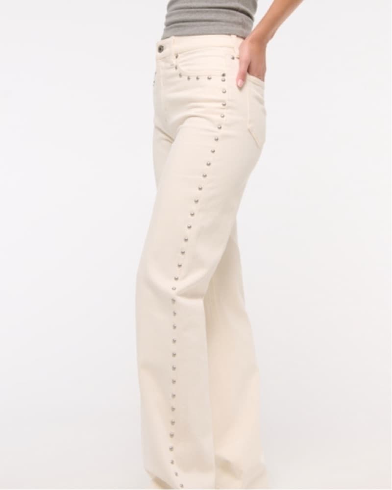 Studded Cream Denim Wide Leg Pants - Image 4
