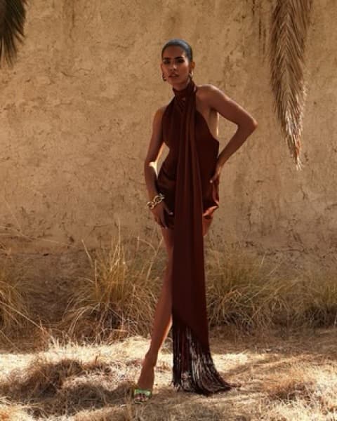 Rat and Boa Halter Dress in Brown - Image 2