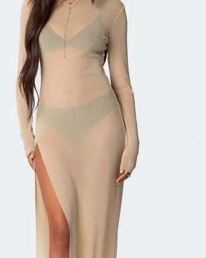 Edikted Glitter Mesh Slitted Long Dress - Image 2