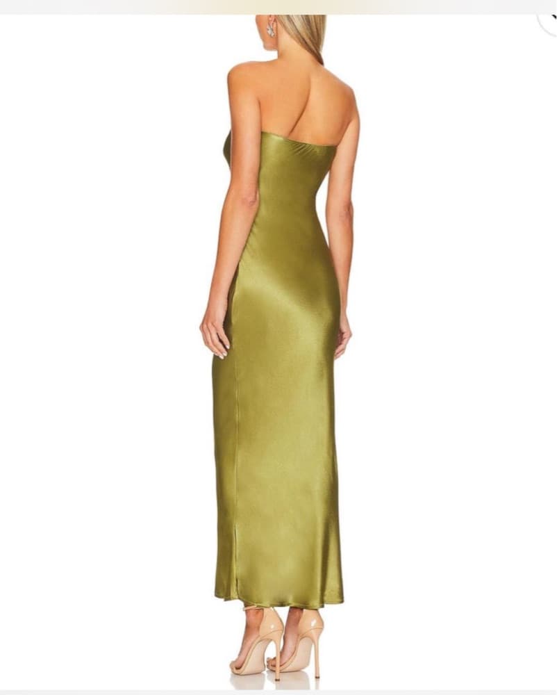 Olive Satin Strapless Maxi Dress - Image 2