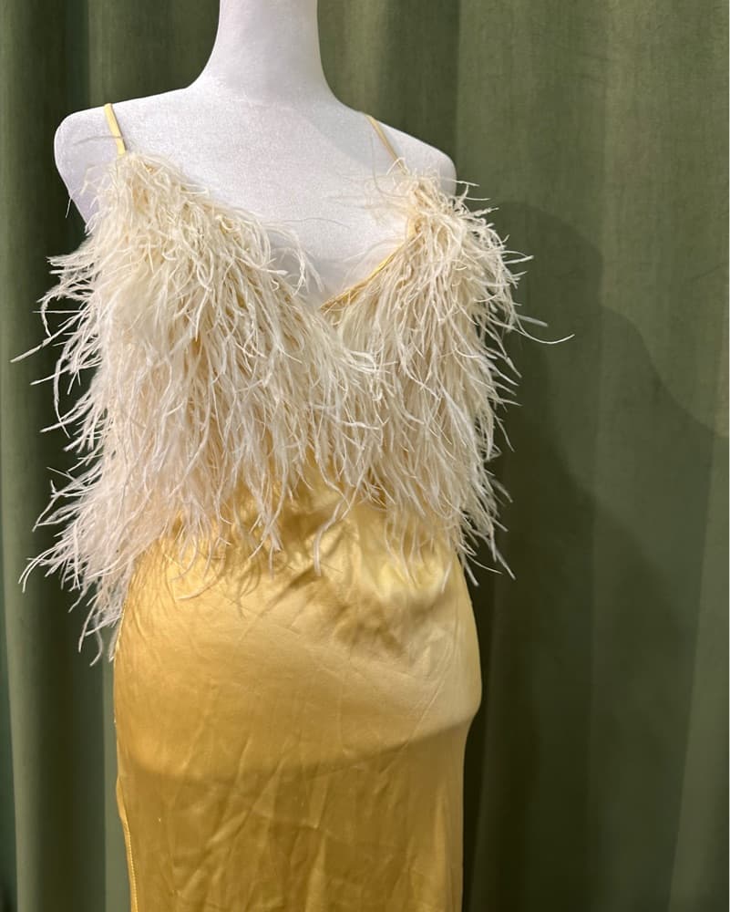 Elegant Feather-Trimmed Gold Gown - Image 1