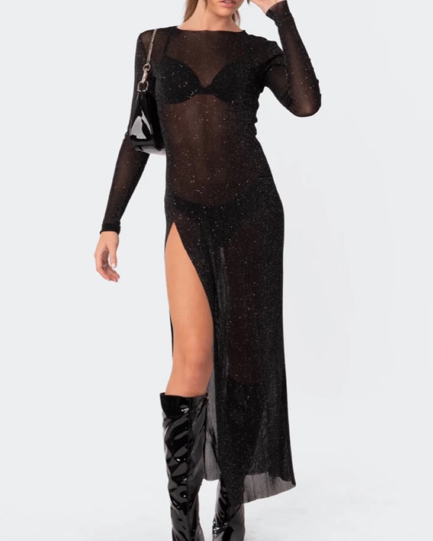 Glitter Mesh Slitted Maxi Dress - Image 1