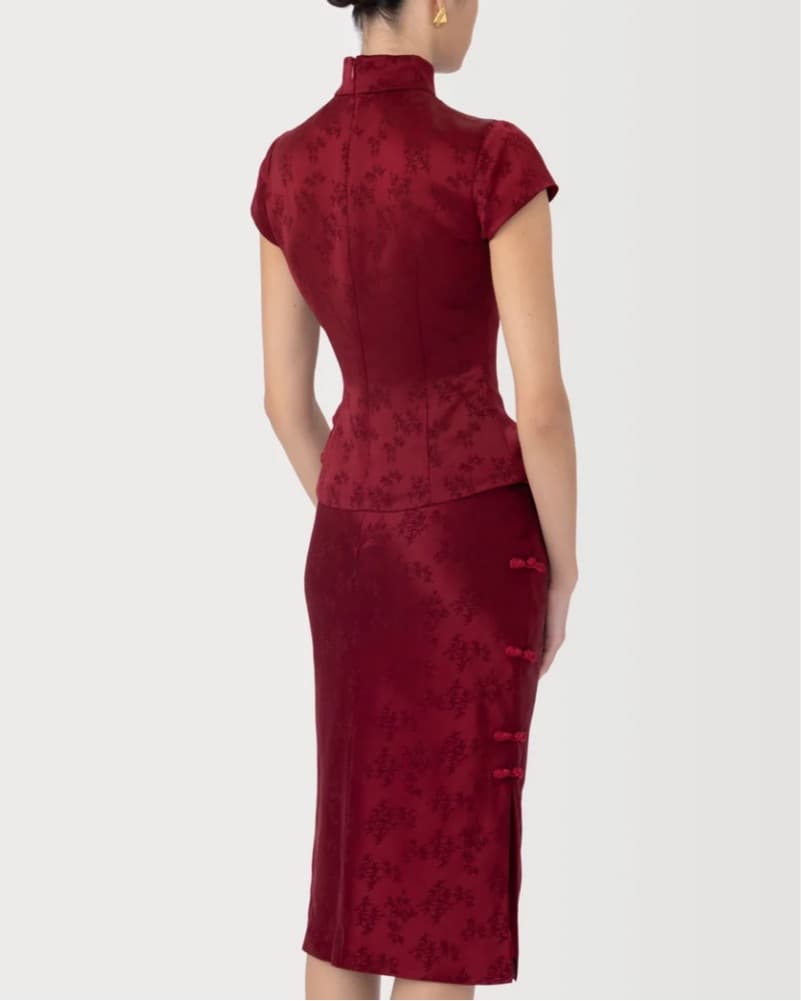 Sau Lee Red Satin Jacquard Top - Image 6