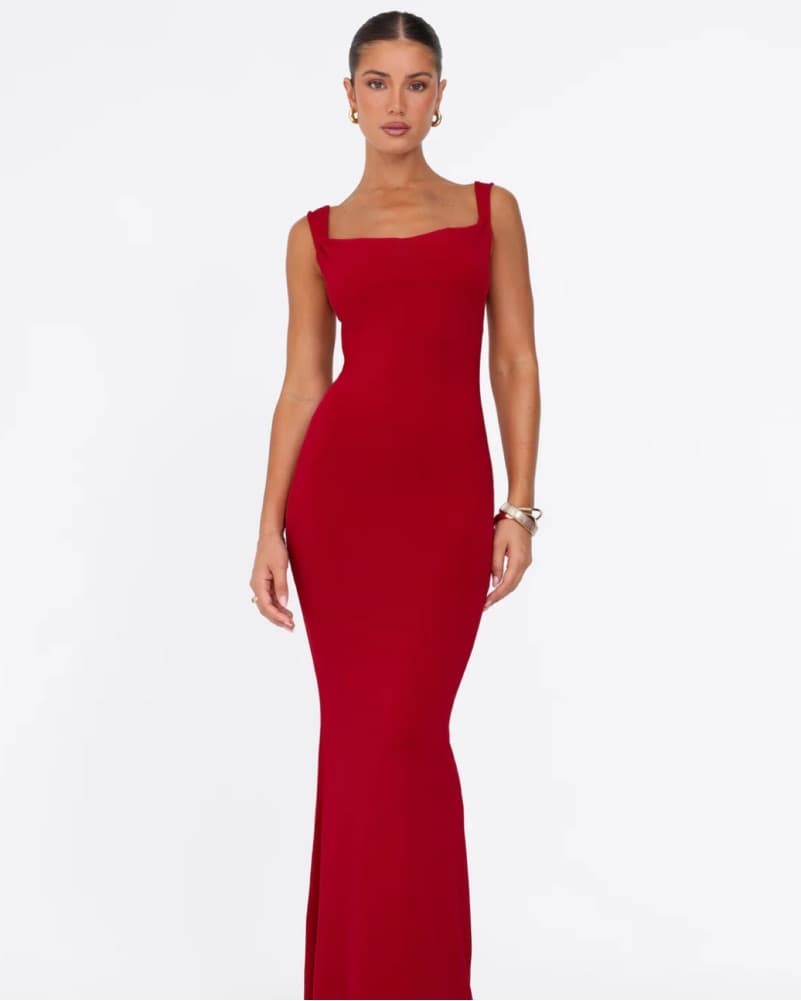 Open Back Red Bodycon Maxi Dress - Image 1