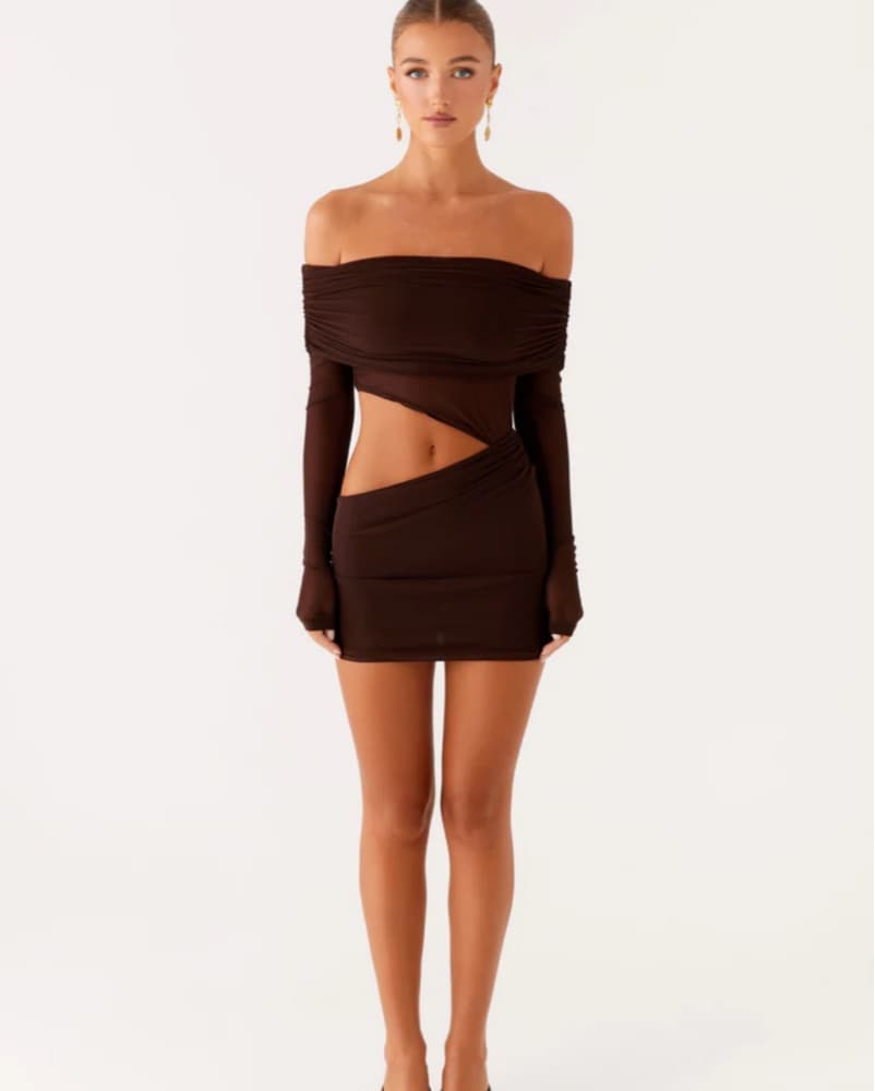Chocolate Brown Off The Shoulder Dress - Image 1