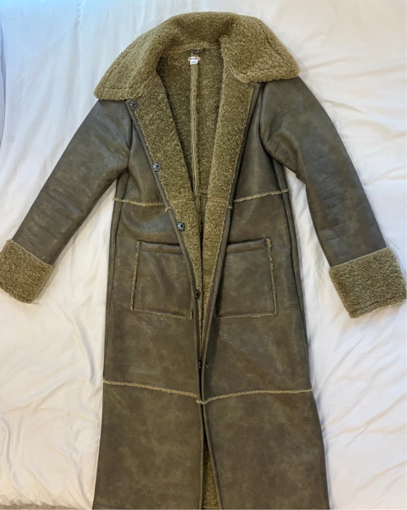 Green Leather and Fur Trench Coat - Image 1