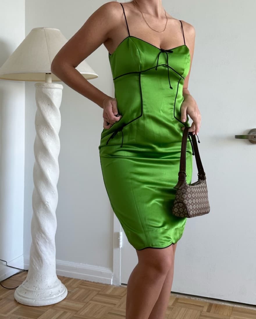 Vintage Green Satin Corset Illusion Dres - Image 2