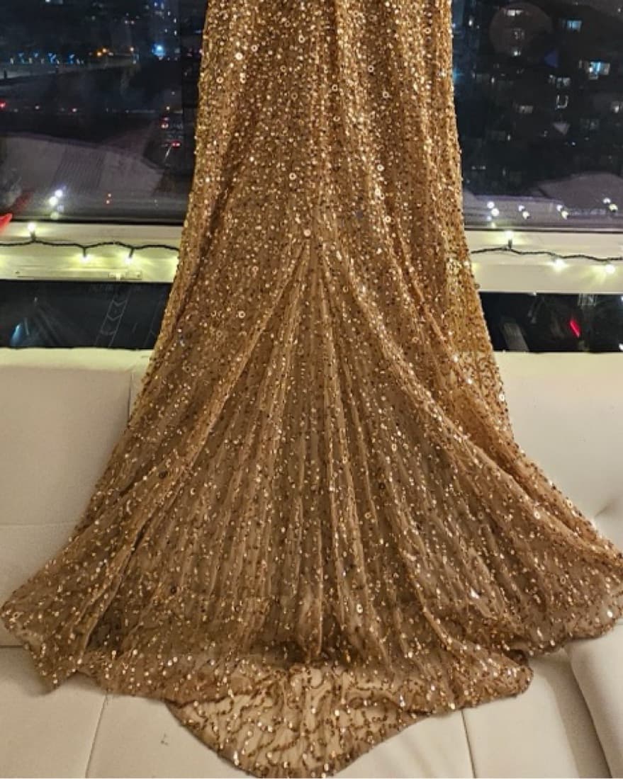 Dazzling Gold Sequin Scoop Back Gown - Image 5