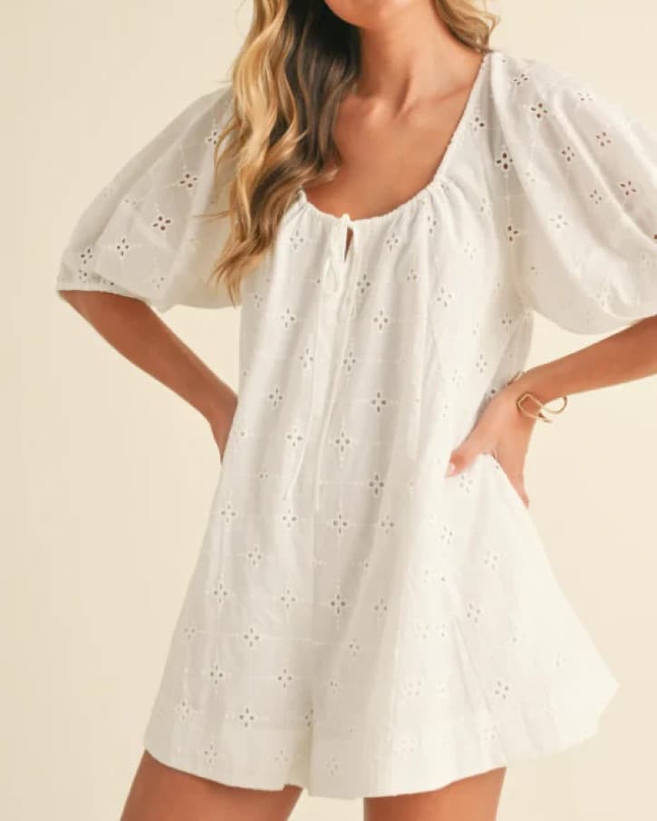 Relaxed Fit Puff Sleeve Eyelet Romper - Image 1