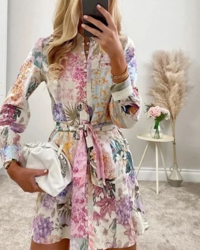 Floral Long Sleeve Belted Dress - Image 3
