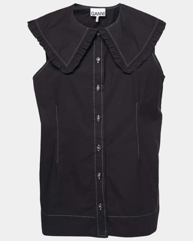 Ganni Black Cotton Ruffled Collar Sleeve - Image 1