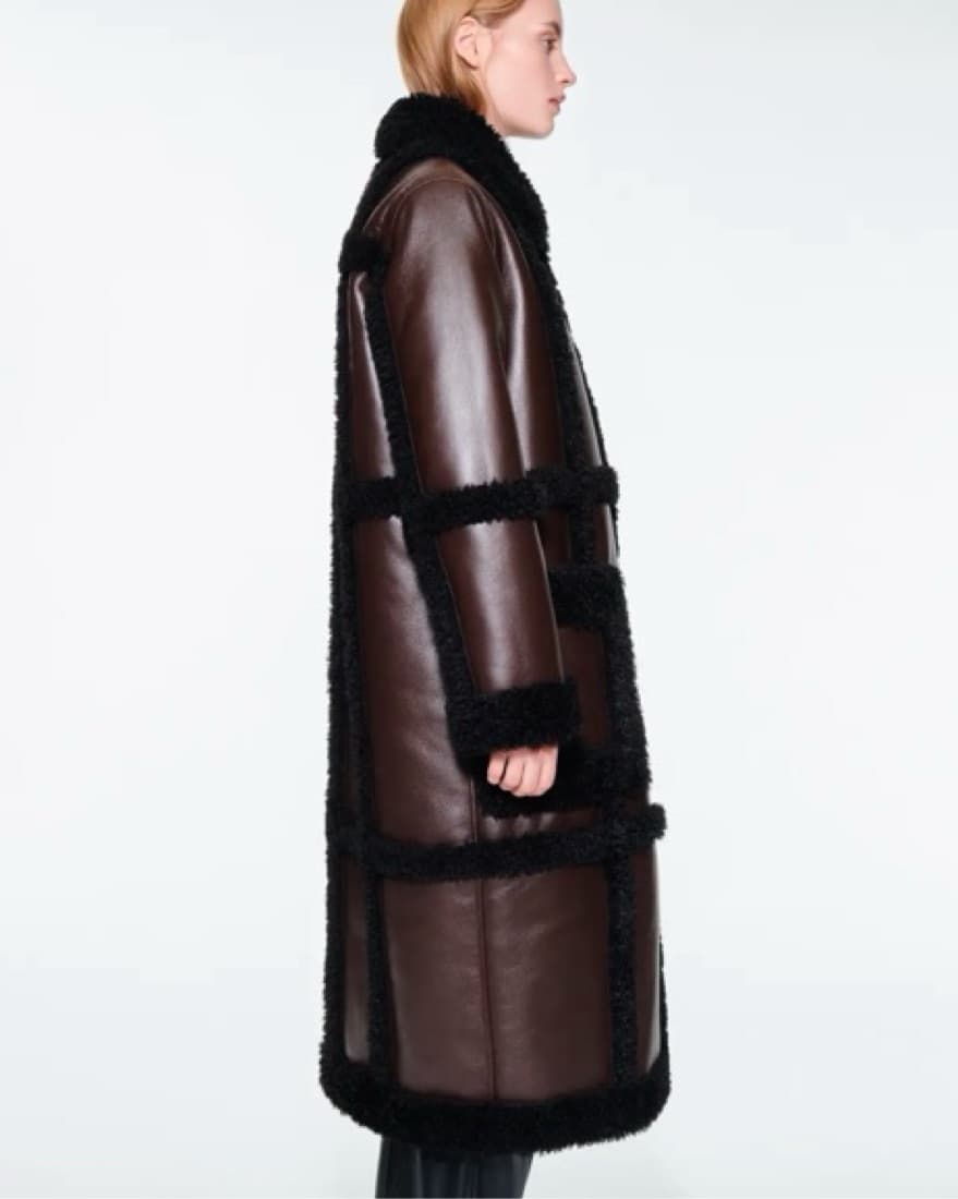 Brown Black Shearling Leather Long Coat  - Image 3