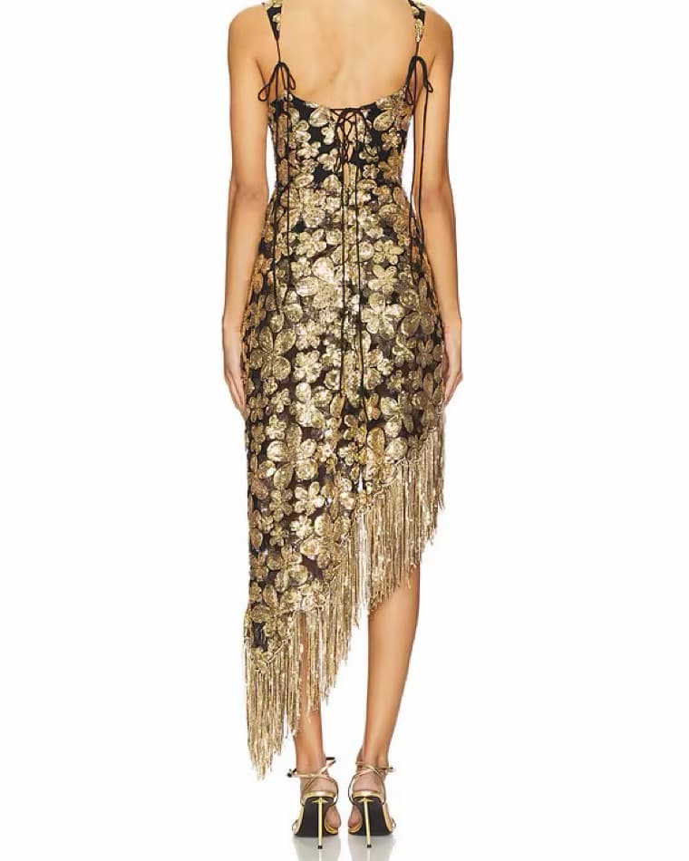 Gold Fringe Asymmetrical Dress - Image 4