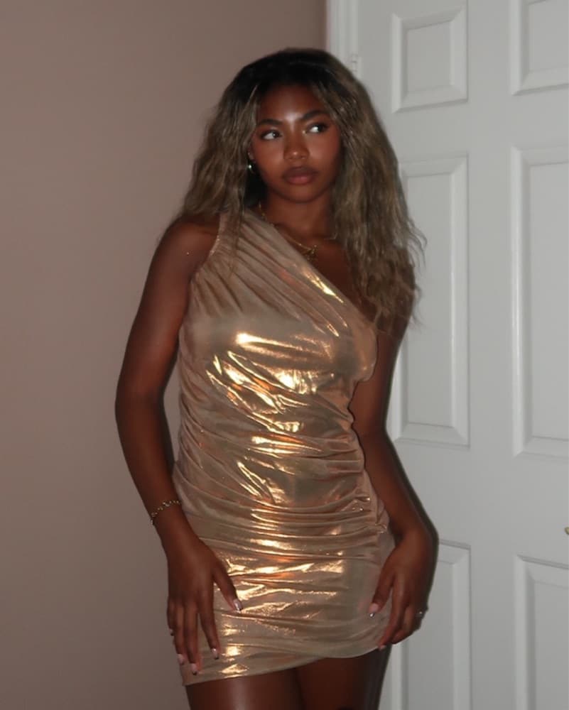 Stunning One-Shoulder Gold Metallic Dress - Image 1