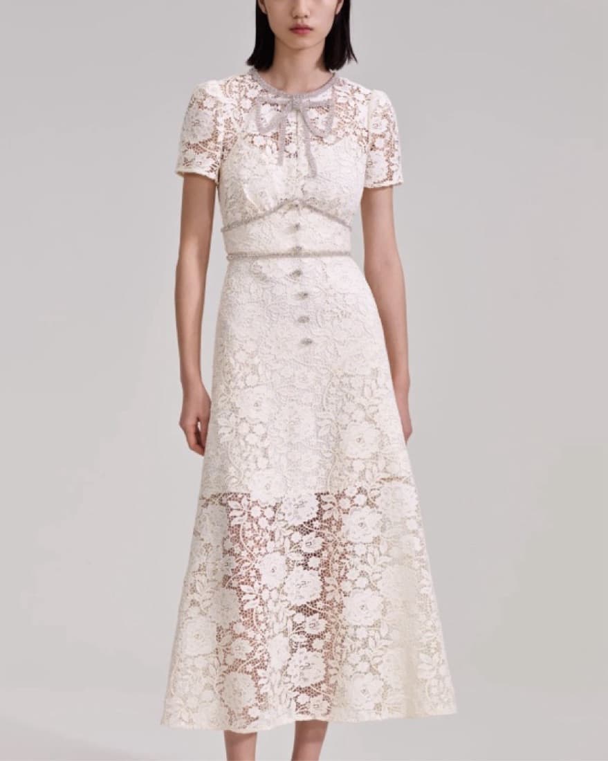 Self Portrait Cream Lace Bow Midi Dress - Image 1