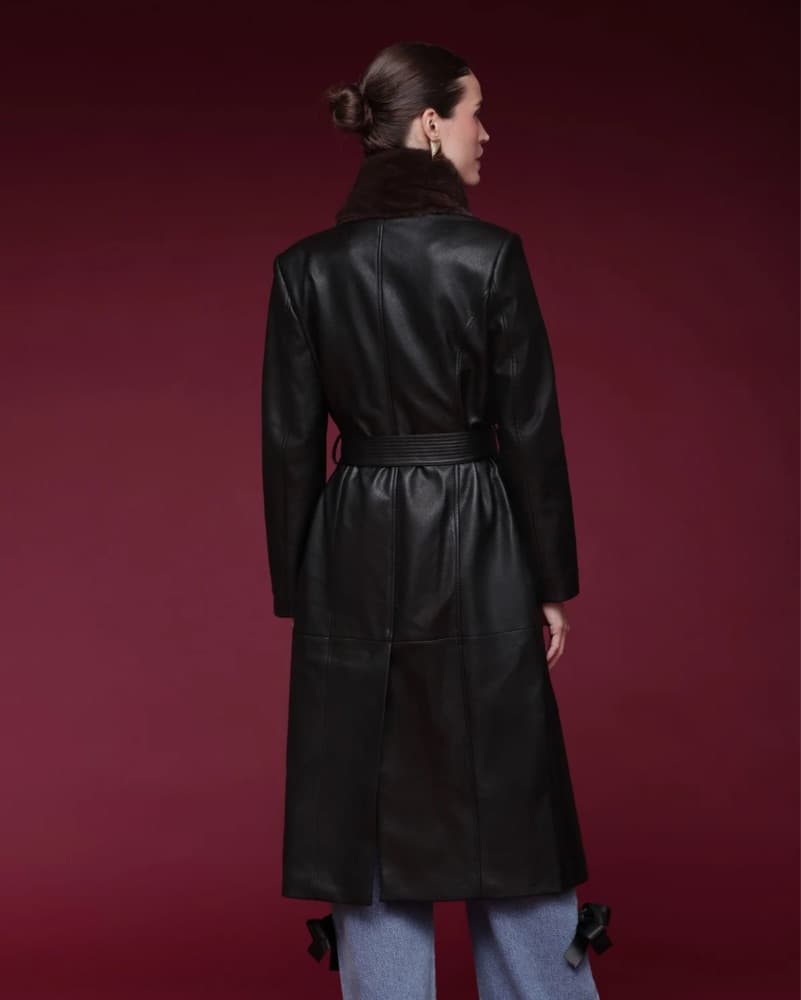 Black Leather Trench Coat With Fur - Image 2