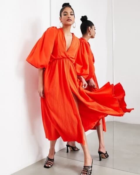 Puff Sleeve Open Back Dress Red/Orange - Image 1