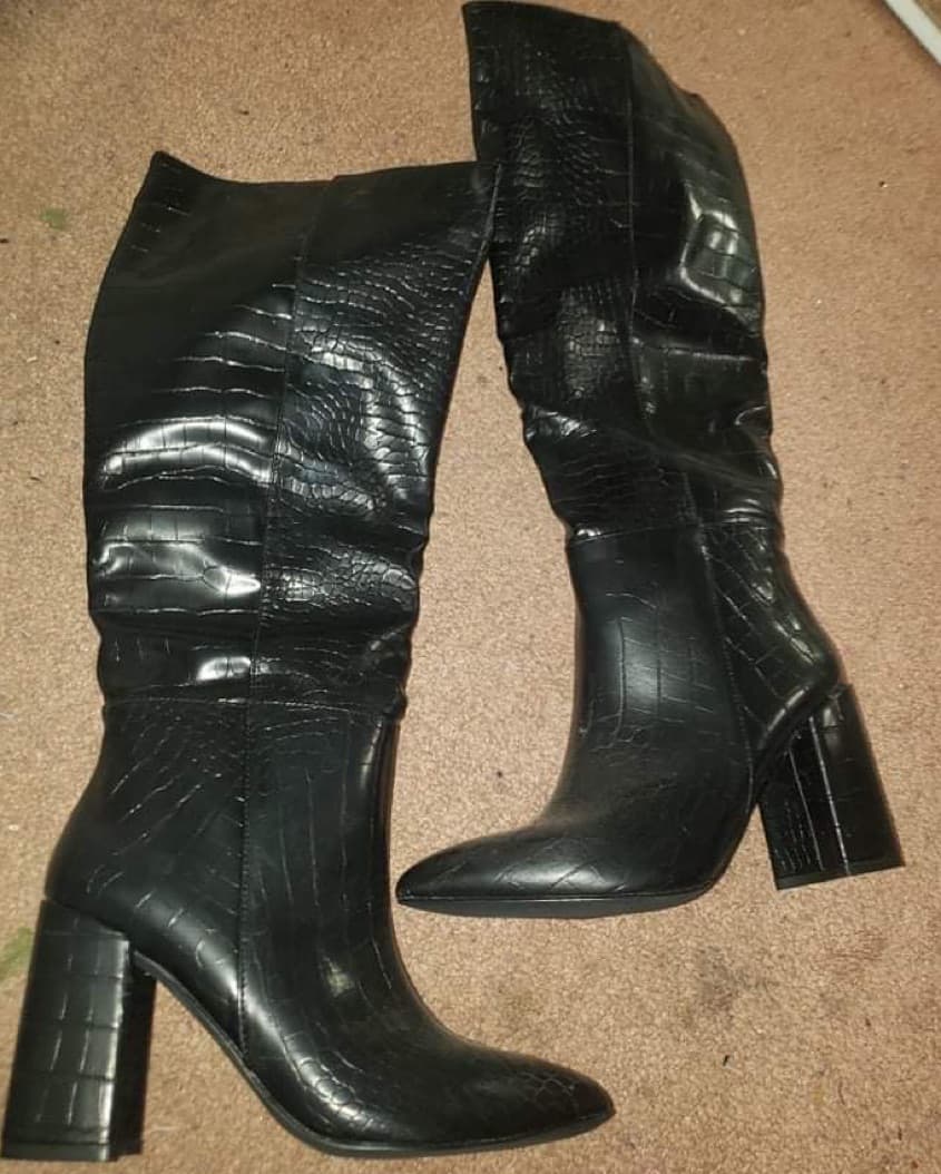 Black Croc Leather Knee High Heel Boots  - Image 3